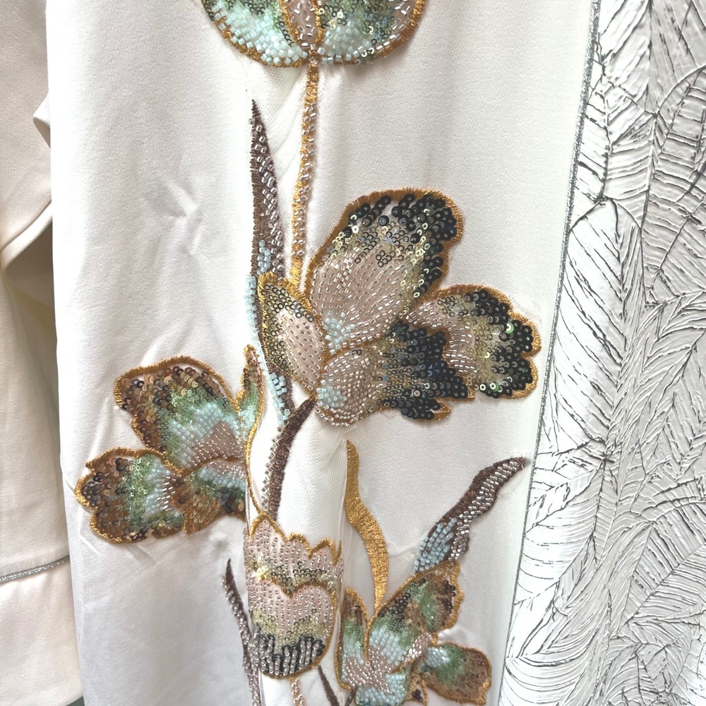 Naylara Lamiya kaftan Beaded Floral Split Design Maxi Dress Cream Silver Medium - Picture 4 of 8